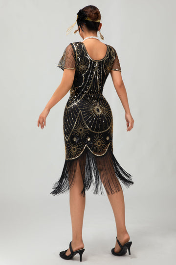 Preto Golden Scoop Neck Fringed Vestido de lantejoulas 1920s com conjunto de acessórios de 4 peças